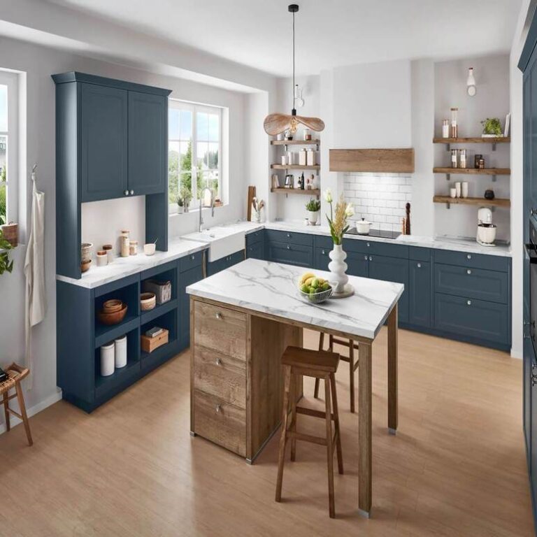 Dunkelblaue Landhausküche Küche im Landhausstil in Dunkelblau mit Marmor-Kochinsel, Holzregalen und Barhockern – Küchenideen